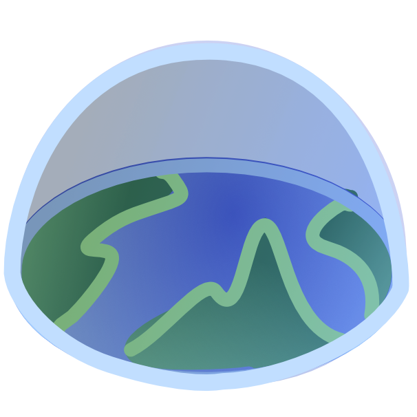  a blue circle with green shapes on it outlined in lighter green. the circle is outlined in lighter blue with a dome over it.